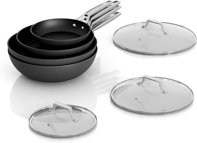 MSMK Non Stick Pans Set 7-Piece, 8, 10, 12 Inch Frying Pans and 12 Inch Induction Wok with Tempered Glass Lids, PRO Heat Distribution, Stay-Cool Handles, Oven Safe 700F, Compatible with All Cooktops