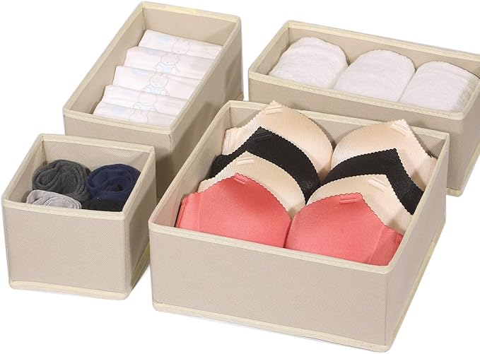 DIOMMELL 12 Pack Foldable Cloth Storage Box Closet Dresser Drawer Organizer Fabric Baskets Bins Containers Divider for Clothes Underwear Bras Socks Lingerie Clothing, Beige 444