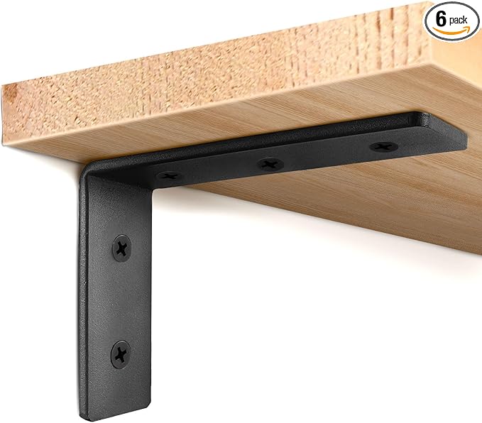 6 Pack Heavy Duty Floating Shelf Brackets, Black Metal L Wall Brackets, DIY Industrial Shelf Brackets - L 6" x H 4" x W 1.6" ( 15 Inch Thicked )