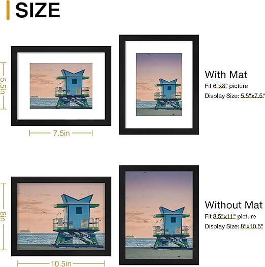 decorUhome 8.5x11 Picture Frame, Display Pictures 6x8 with Mat or 8.5x11 without Mat, Black Engineered Wood Photo Frame with Plexiglass for Wall & Tabletop Display, Picture Frames 8.5x11 Set of 4