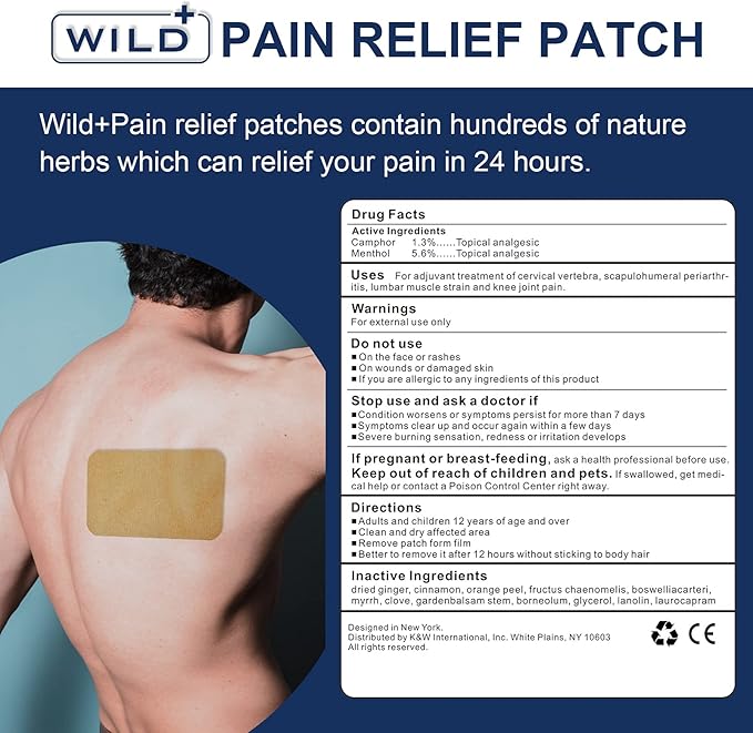 WILD Back Pain Patches Large - 12 Patches, Maximum Strength Fast Acting Long Lasting Knee Patches for Pain Relief Back Pain, Shoulder Pain, Knees, Neck, Joint Pain