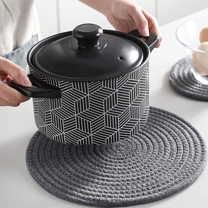 Round Trivet Weave Pad for Kitchen Thread Pot Holders for Hot Dishes/Pot/Bowl/Teapot/Hot Pot Set of 1 Cotton Braided 7 Inches Dining Table Trivet Dark Grey