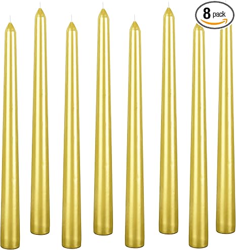 Kemladio 8 pcs 10 inch Gold Taper Candles, Burning Unscented Tapered Candles 8 hrs, Long Candle Sticks,Dinner Candle,Tall Candle Sticks, Halloween Candles (8pcs, Golden)