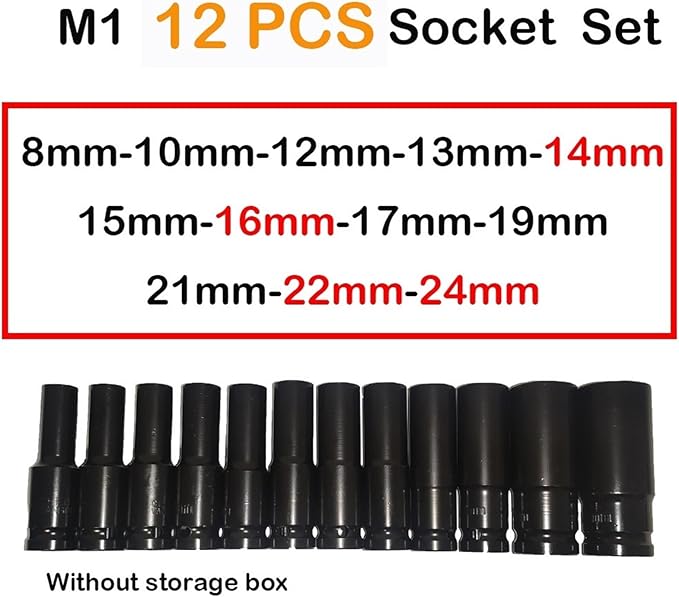 125PC 12 Impact Socket Set Head 8-24mm Deep Long Socket Pneumatic Wrench Mechanical Workshop Tools Garage for Car Drive Repair Socket Socket(M1 12PCS)