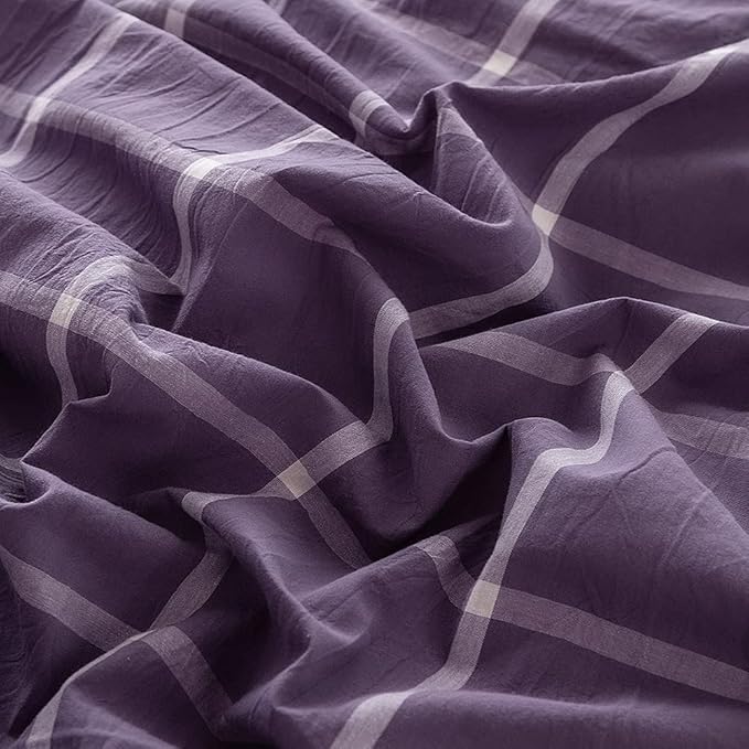 FACE TWO FACE Bedding Duvet Cover Set 3 Pieces 100 Washed Cotton Duvet Cover Linen Like Textured Breathable Durable Soft Comfy(Queen, Purple Grid)