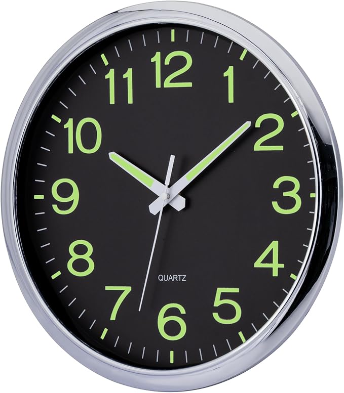 Wall Clock 12 inch Glow in The Dark Wall Clocks Battery Operated Night Lighted Large Wall Clocks Silent Non Ticking Silver Analog Clock for Living Room Kitchen Bedrooms Office Farmhouse Home Decor