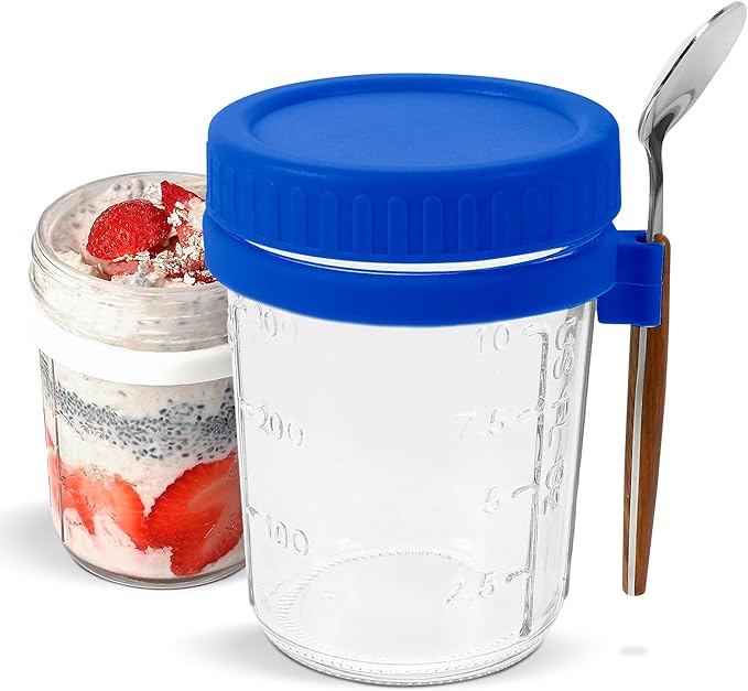 PABLEX - Overnight Oats Cups with Lid - Spoon, 16oz Glass, Reusable Anti Spill, Free Toxic - Overnight Oats Containers with Lids, Oatmeal Containers with Lids, Oats Overnight Container (Blue)
