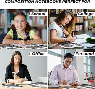 College Ruled Composition Notebooks 5 Pack, 200 Pages (100 Sheets), 9-34" x 7-12", White Black Marble Composition Book, Hard Cover, Sturdy Sewn Binding, School, College Office Supplies