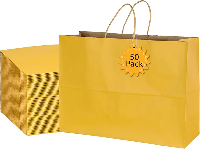 BLEWINDZ 50Pcs Kraft Paper Bags - Large Size 16x6x12 Inches Gift Bags with Handles Bulk Yellow Goodie Bag Shopping Bag for Grocery Merchandise