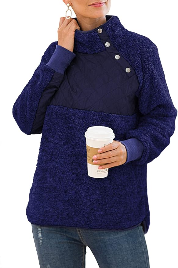 VIISHOW Women's Long Sleeves Quilt Coat Turtleneck Oblique Button Neck Fleece Pullover Coat Sweatshirts Outwear with Pocket