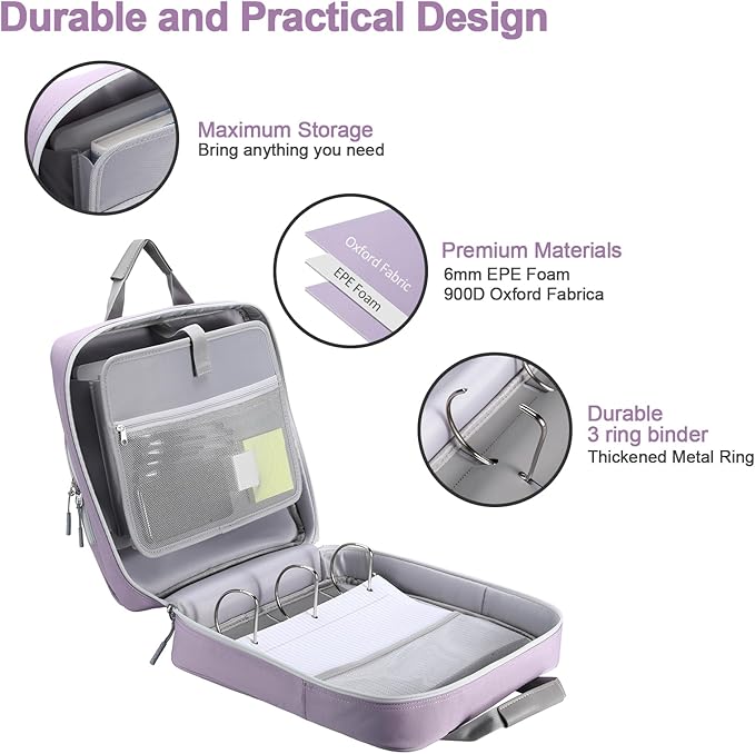 4 Inch 3 Ring Zipper Binder D-Ring, Binder with Strap 800 Sheet Capacity Multi-Pockets School and Office Binder Organizer, Compatible with 13-Inch MacBook(Patent Design Purple)