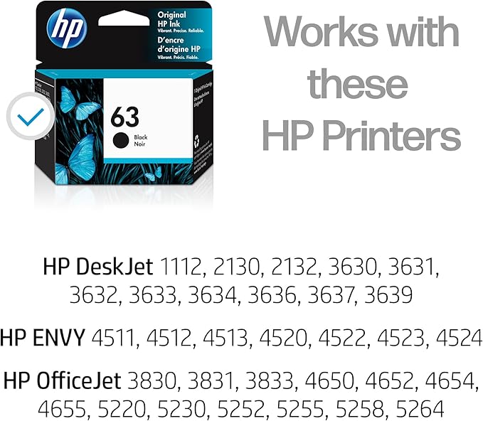 HP 63 Black Ink Cartridge for HP Printers Works with Printer Series: DeskJet 1112, 2130, 3630; ENVY 4510, 4520; OfficeJet 3830, 4650, 5200 Eligible for Instant Ink F6U62AN