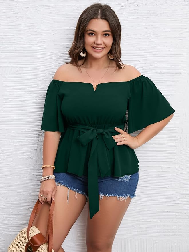 SCOMCHIC Women's Plus Size Off The Shoulder Peplum Blouse Top Half Bell Sleeve Tie Waist Ruffle Hem Babydoll Tops