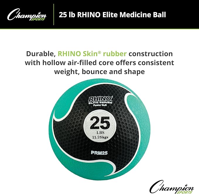 Champion Sports Rhino Elite Medicine Ball – Textured Surface, Superior Grip, Hollow Synthetic Rubber for Consistent Bounce & Durability, Multiple Weights & Colors - Optional Rebounder Sold Separately