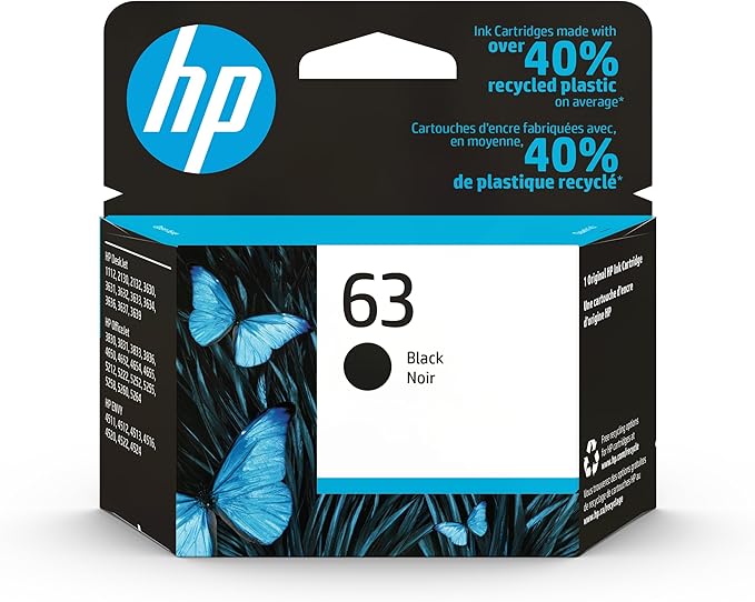 HP 63 Black Ink Cartridge for HP Printers Works with Printer Series: DeskJet 1112, 2130, 3630; ENVY 4510, 4520; OfficeJet 3830, 4650, 5200 Eligible for Instant Ink F6U62AN