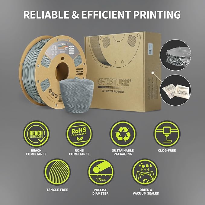 OVERTURE TPU High Speed Filament 1.75mm Flexible Roll, 95A Soft 3D Printer Filament, 1kg Spool (2.2 lbs), Fit Most FDM Printer (HS TPU Gray)