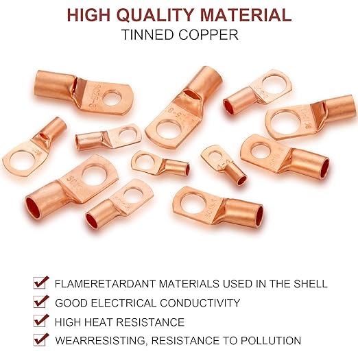 Weewooday 170Pcs Copper Battery Cable Ends 12 Sizes Battery Terminal Connectors Copper Lug Ring Terminal Wire Lugs Kit for AWG4, AWG6, AWG8, AWG10, AWG12