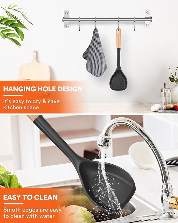 Non-stick silicone spatula, anti-scratch flexible edge for pans, comfortable non-slip wooden handle, heat resistant, BPA-free kitchen spatulas for cooking, 13.2 inches