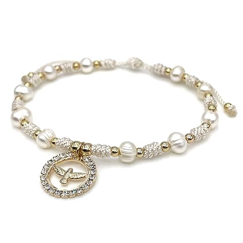 Holy Spirit 18K Gold Plated CZ Pendant on Dainty Pearls Bracelet Charm Catholic Gift Of Hope For Women and Teens