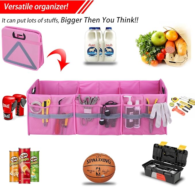 Homeve Large Collapsible Trunk Organizer with Multi Pockets, 3 Compartments Storage Organizer for Car, SUV, Minivan, PinkA