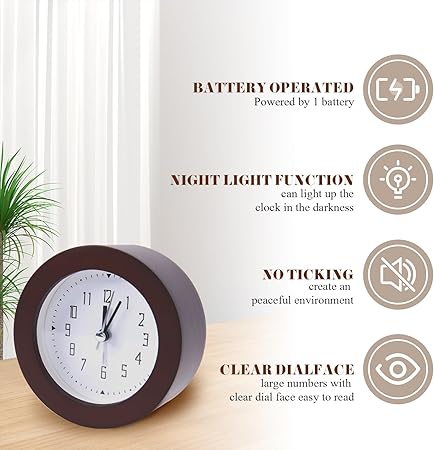 Wooden Analog Alarm Clock Silent Non-Ticking Desk Clock Battery Operated Table Clock with Nightlight for Bedroom,Children's Room, Living Room,Brown(4Inch)