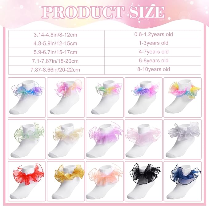 Lasnten 15 Pairs Ruffle Socks for Toddler Girls Double Lace Socks Bulk Turn Cuff Big Ruffle for Infant Toddler and Kids