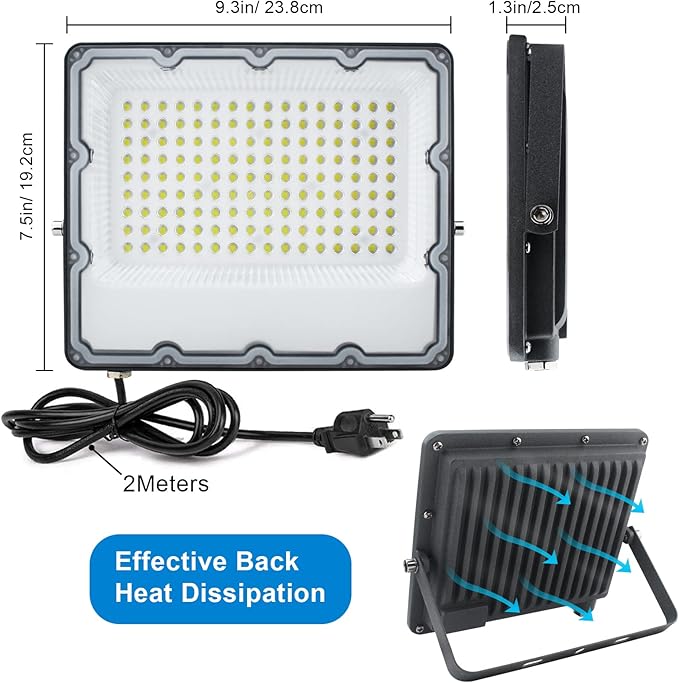 150W LED Flood Lights Plug in, Outdoor Security Lights Fixtures 6500K 15000LM Illumination, IP66 Waterproof White Lighting for Ball Ground, Parking Lot, Pathway, Yard (2 Pack)