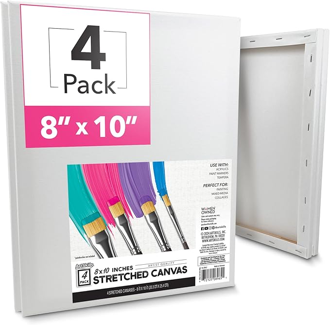 ArtSkills Stretched Canvases for Painting, 8x10 Canvas Painting Supplies for Artists, Blank Canvas Pack, 4-Pack