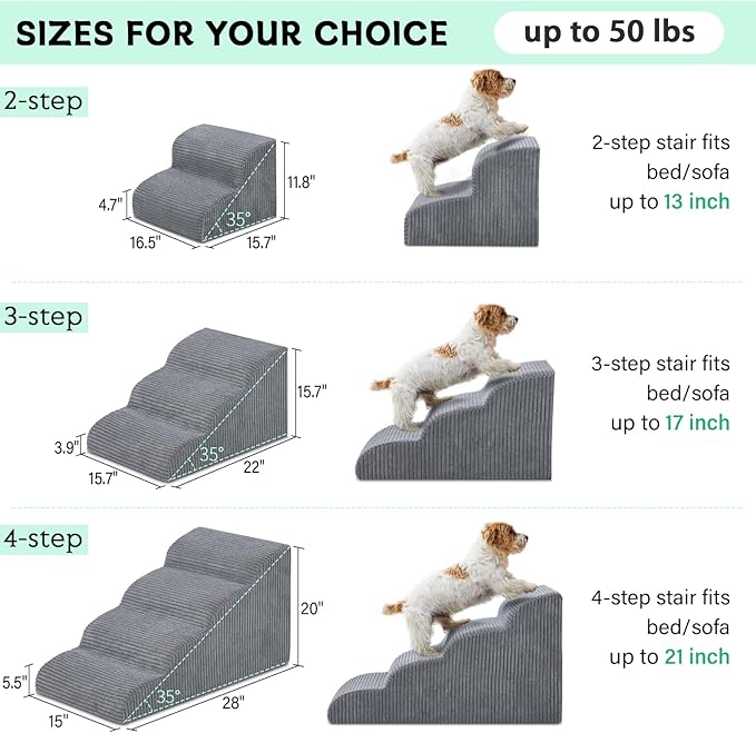 Dog Stairs Steps for High Beds, 3 Steps High Density Foam Waterproof Dog Ramp for Small Dogs and Cats, Pet Stairs with Removable Washable Cover for Bed, Couch, Sofa and Car (H:16")
