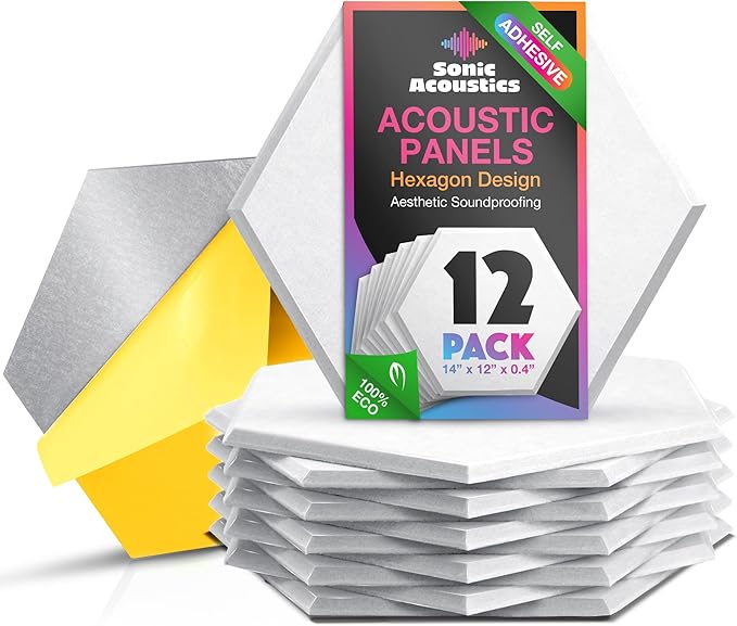 Sonic Acoustics Self-Adhesive 12 Pack Hexagon Acoustic Panels, High Density Sound Absorbing Panels Soundproof Insulation Beveled Edge Studio Treatment Tiles (White)