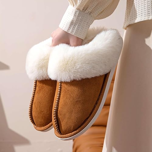 Afellicy Women's Fuzzy Memory Foam Slippers Fall Winter House Shoes Indoor and Outdoor Fur Lining Slip on Bedroom Shoes
