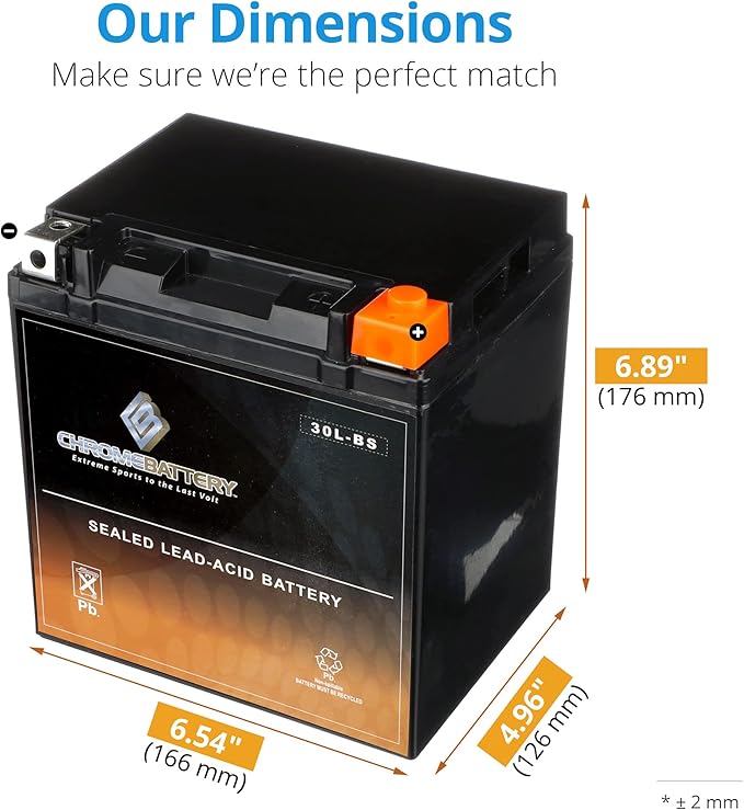 Chrome Battery YTX30L-BS Maintenance Free Replacement Battery for ATV, Motorcycle, Snowmobile, and UTV: 12 Volts, 3 Amps, 30Ah, Nut and Bolt (T3) Terminal
