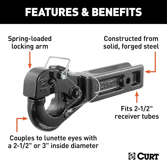 CURT 48010 Pintle Hook Hitch for 2-12-Inch Receiver, 20,000 lbs, Fits 2-12-In Lunette Ring