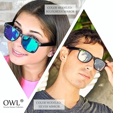 OWL Mirrored Sunglasses Women Men, UV Protected Rectangle Sunglasses, Fashion Retro Flat Mirrored Lens Black Sunglasses