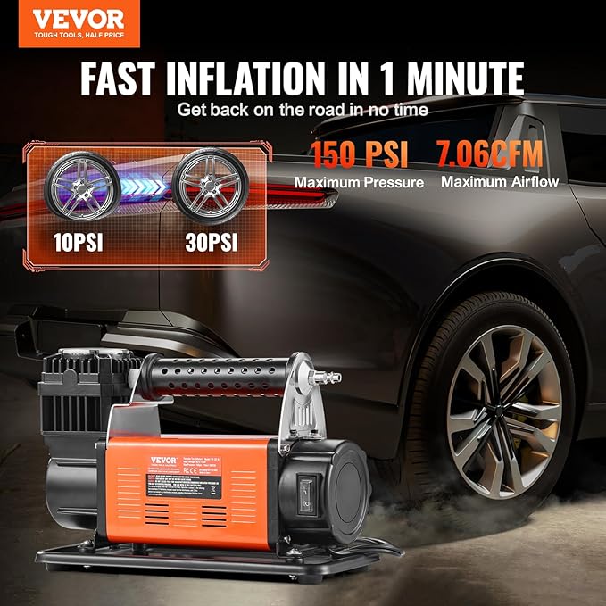 VEVOR 12V Heavy Duty Air Compressor - with Digital Pressure Gauge Tire Inflator Kit, 7.06 CFM Portable Tire Inflator, 150PSI Offroad Air Pump with Adapters for Trucks Car SUV 4 x 4 Vehicle RV