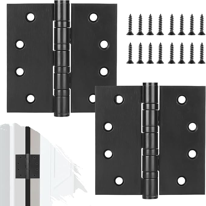 2 Pack Stainless Steel Black Door Hinges, Heavy Duty Door Hardware, 4 x 4 Inch Door Hinge with Ball Bearing, Door Hinges with Square Corners