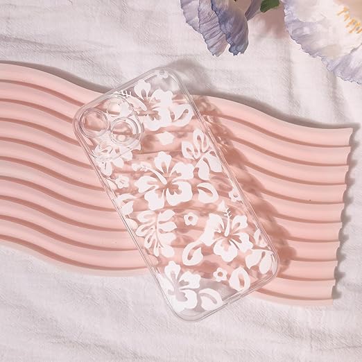 Compatible for iPhone 15 Case Cute Clear Hibiscus Flower Floral Aesthetic Printed Design for Girls Women Soft TPU Shockproof Protective Girly for iPhone 15-White