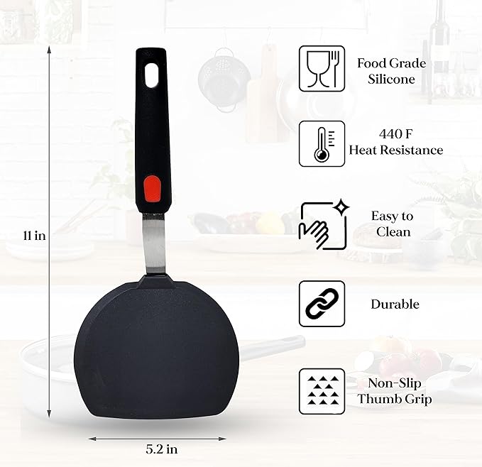 Silicone Pancake Spatula Wide Beveled Edge Flipper with Stainless Steel Curved Handle Heat Resistant Non-Stick Cooking