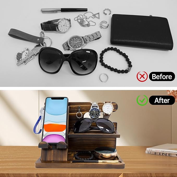 Wooden Phone Stand Holder Docking Station, Gifts for Men, Men Charging Station, Bed Nightstand Organizer Gifts for BirthdayFestival Idea for Desk Stand (Carbonize)