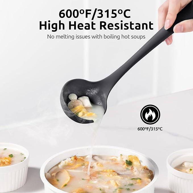 2.6oz Small Silicone Soup Ladle: U-Taste 600oF Heat Resistant Non-Stick Kitchen Deep Serving Spoon, Soft Cooking Utensil with Non-Slip Solid Handle for Mixing Sauce Stew Gravy (11in, Black)