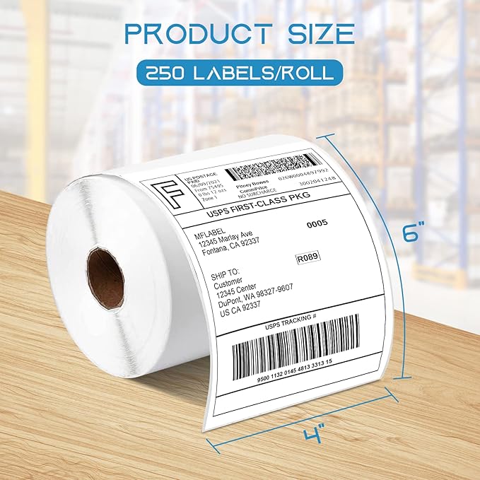 MFLABEL 4x6 Direct Labels, Perforated, Commercial Grade, for Thermal Printer, 250 Labels1 Roll, 2 Rolls