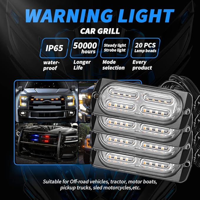 Updated Emergency Strobe Warning LED Lamp Kit, 4 Pods, 20 LEDs, 18 Flash Patterns for Warning Strobe Light, Emergency Light, Light