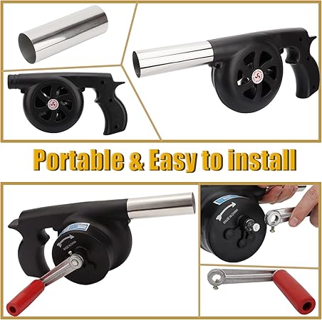 GkGk Hand Crank BBQ Fan, Portable Barbeque Air Blower with Manual Handle Speed Control and Metal Fan Blade for Outdoor Barbecue Fire Bellow, Camping and Hiking Picnic