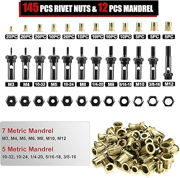 AOBEN 16" Rivet Nut Tool, Professional Hand Rivet Nut Setter Kit with 12 Interchangeable Metric SAE Mandrels, 145Pcs Rivnuts and Rugged Carrying Case