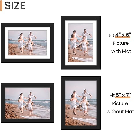 upsimples 5x7 Picture Frame, Display Pictures 4x6 with Mat or 5 x 7 Without, Wall Hanging Photo Frames, Black, 1 Pack