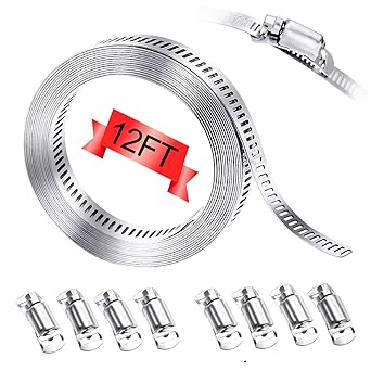 304 Stainless Steel Hose Clamp Assortment Kit,DIY 12FT Metal Strap 8 Stronger Fasteners,Adjustable Large Worm Gear Hose Clamps Screw Clamps for Pipe,Duct,Tube,and Fuel Line
