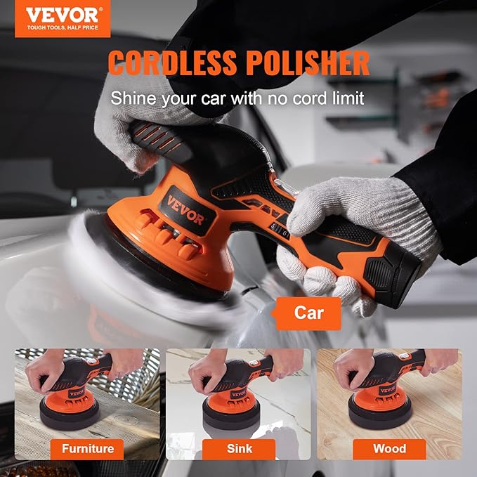 VEVOR Cordless Buffer Polisher, 6-Inch Random Orbital Polisher for Cars, 6 Variable Speed 5200RPM, with 1PC 12V Rechargeable Battery, Wireless Polisher Kit for Car DetailingPolishingWaxing
