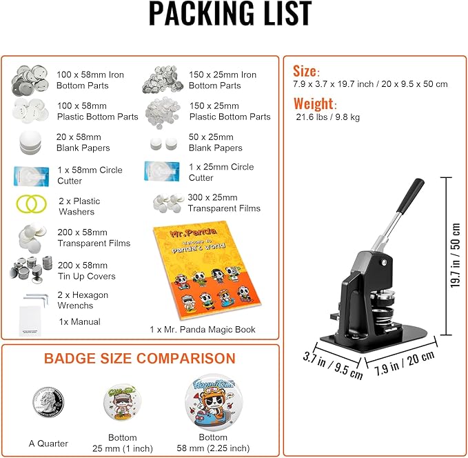 Vevor 3-in-1 Button Maker Machine, 1/1.25/2.28 Inch (25/32/58mm) Pin Press Kit