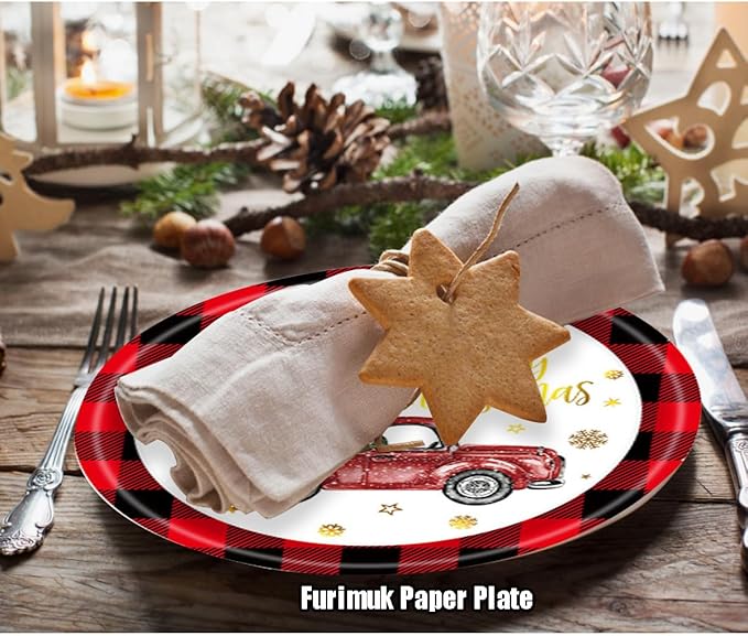 Furimuk Christmas Paper Plates Rustic Truck Red Black Plaid Border Printed Round Disposable Plates Dinnerware for Christmas Holiday Dinner Birthday Party Supplies (24 Pcs)