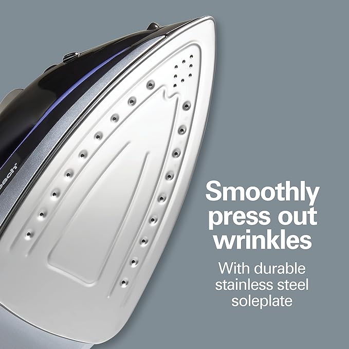 Hamilton Beach Steam Iron for Clothes Garment Steamer with Smooth Press Stainless Steel Soleplate, 1200 Watts, 8Ao Retractable Cord, Black (14214)